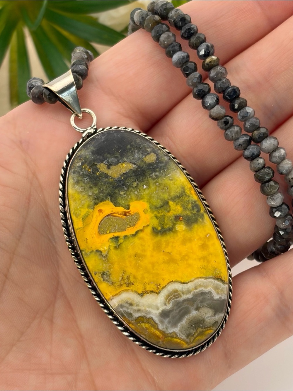 Large Bumblebee Jasper Pendant Moonstone Necklace 925 Sterling Silver Overlay